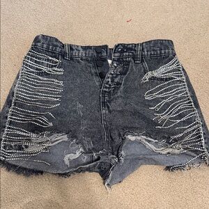 Savanna Jane Distressed Black Jean Shorts with jeweled fringe